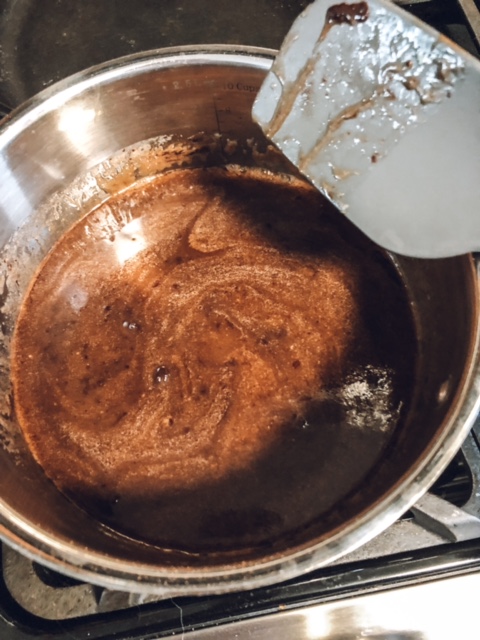 The first couple steps to making no-bake cookies produces this chocolate mixture.